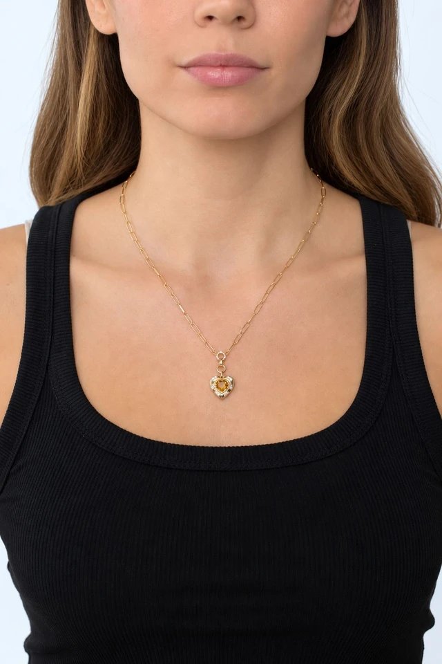 18K Yellow Gold Iris Citrine and Natural Diamond Heart Pendant Necklace