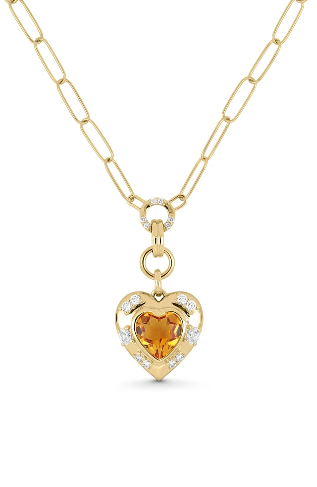 18K Yellow Gold Iris Citrine and Natural Diamond Heart Pendant Necklace