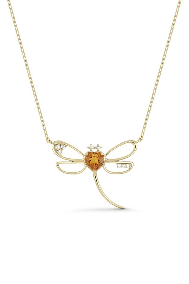 18K Yellow Gold Iris Citrine and Natural Diamond Dragonfly Pendant Necklace