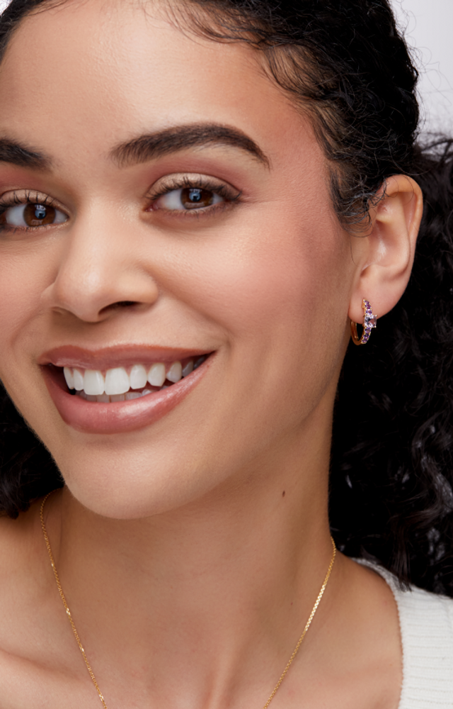 14K Yellow Gold Medium Amethyst Bony Levy Color Huggie Earrings 