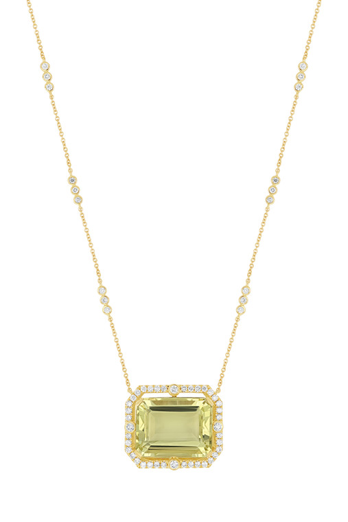 18K Yellow Gold Lemon Quartz w/ Diamond Iris Delicate Pendant Necklace
