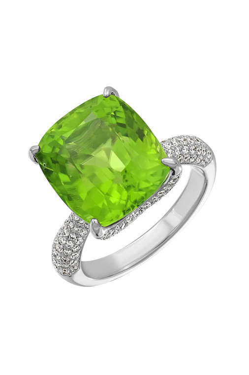 18K White Gold Peridot and Diamond Iris Cushion Statement Ring 18K White Gold Peridot and Diamond Iris Cushion Statement Ring