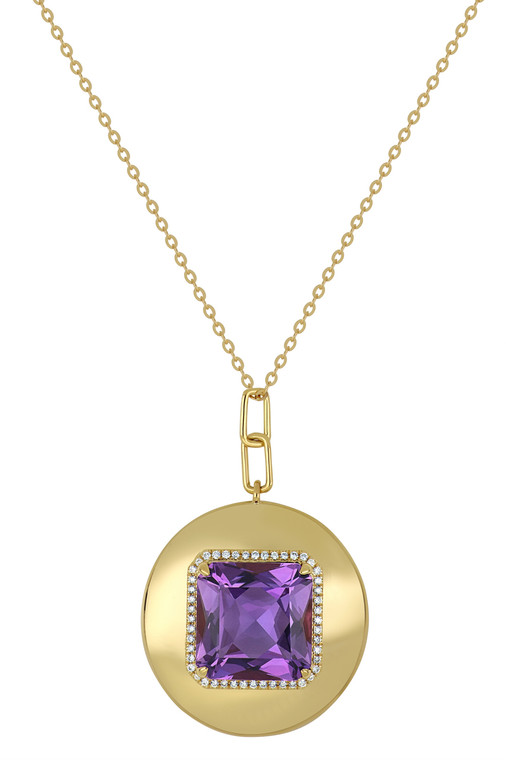 18K Yellow Gold Amethyst with Diamond Iris Pendant Necklace