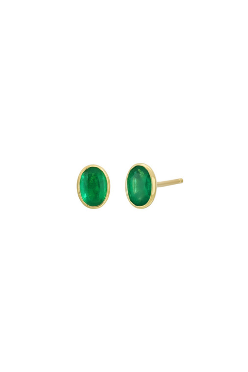 18K Yellow Gold Emerald Oval Bezel Stud Earrings