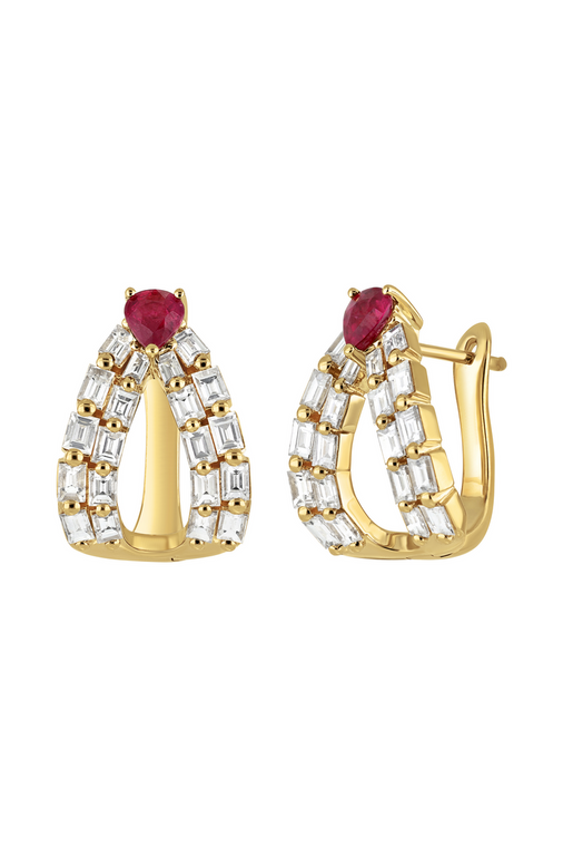 18K Yellow Gold Natural Diamond with Ruby Luxe Statement Earrings