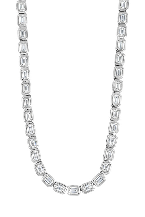 18K White Gold Natural Diamond Emerald Cut Tennis Necklace