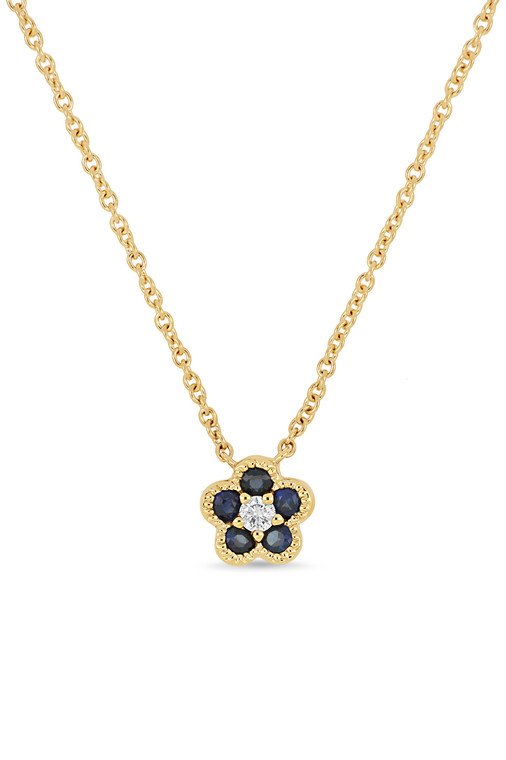 18K Yellow Gold El Mar Blue Sapphire and Natural Diamond Flower Pendant Necklace