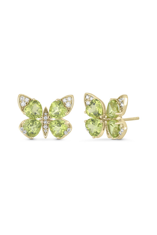 18K Yellow Gold Iris Peridot and Natural Diamond Butterfly Stud Earrings