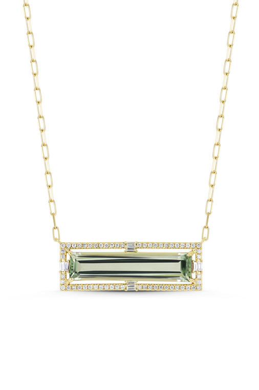 18K Yellow Gold Iris Green Amethyst and Natural Diamond Bar Statement Necklace