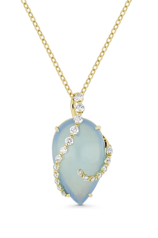 18K Yellow Gold Iris Milky Aquamarine and Natural Diamond Pendant Necklace