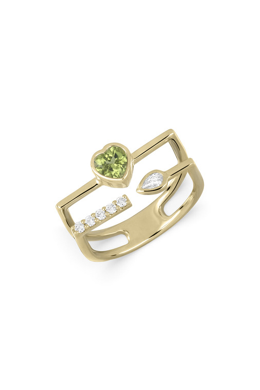 18K Yellow Gold Iris Peridot and Natural Diamond Double Stackable Ring