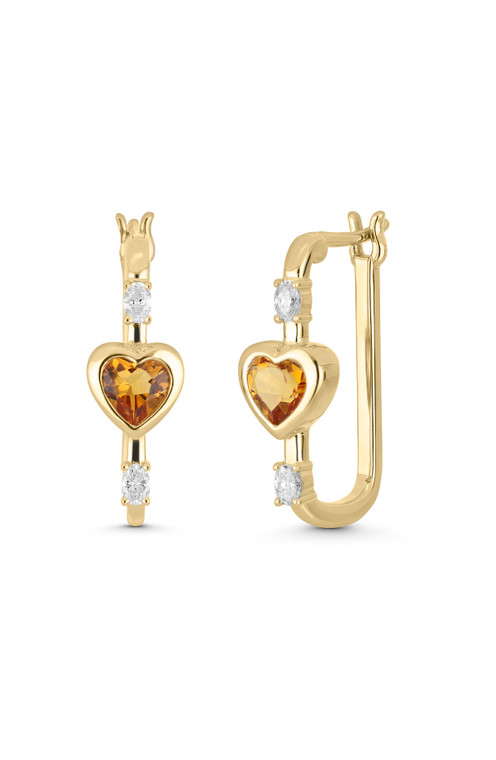 18K Yellow Gold Iris Citrine and Natural Diamond Heart Hoop Earrings