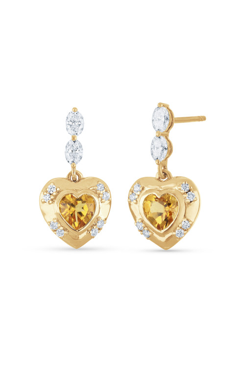 18K Yellow Gold Iris Citrine and Natural Diamond Heart Drop Earrings
