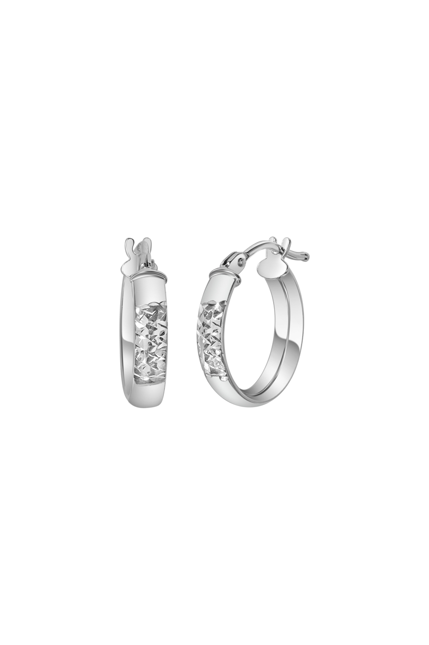 14K White Gold Hoop Earrings 14Kホワイトゴールド 14K White Gold Natural Diamond Cut Hoop Earrings