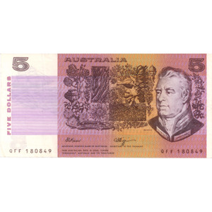 1990 AUSTRALIAN $5 Dollar Fraser and Higgins Banknote 1990 AUSTRALIAN $5 Dollar Fraser and Higgins Banknote