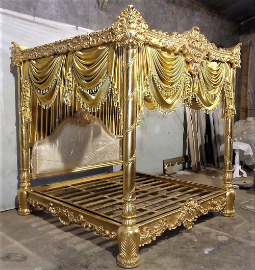 Four Poster Canopy Bed, Oriental Style Antique Gold Leaf