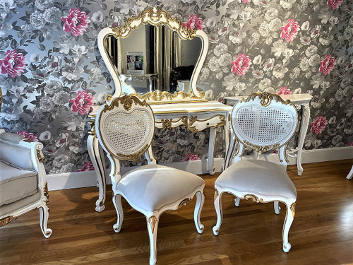 Traditional Vanity Table Set, Antique White and Gold