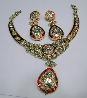 22K Gold Diamond Polki Necklace Earrings set 13041