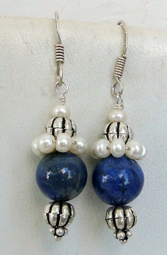 Ethnic earrings sterling silver bespoke drop earrings Lapis lazuli beads with pearls