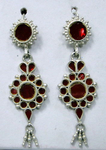 vintage ethnic tribal old sterling silver earring pair dangle long red kundan