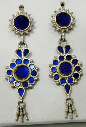 vintage ethnic tribal old sterling silver earring pair dangle long blue  kundan