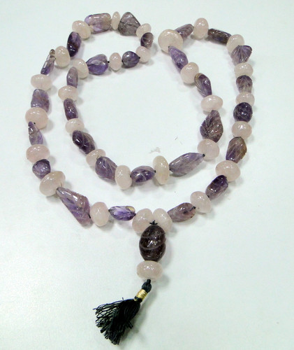 Tumbled Necklace~carved Amethyst rose quartz gemstones strand 8356