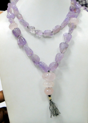 Tumbled Necklace~carved Amethyst rose quartz gemstones strand