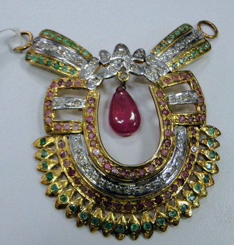 14 k Solid gold diamond Emerald ruby pendant