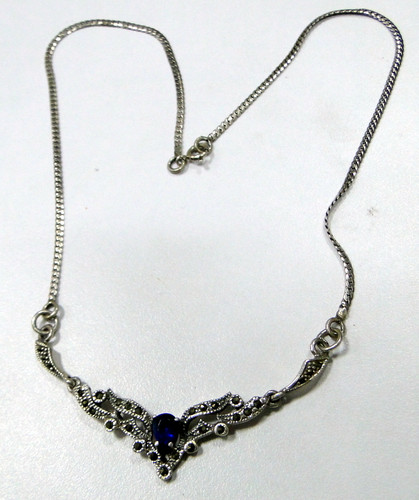 Vintage silver and marcasite necklace blue stone