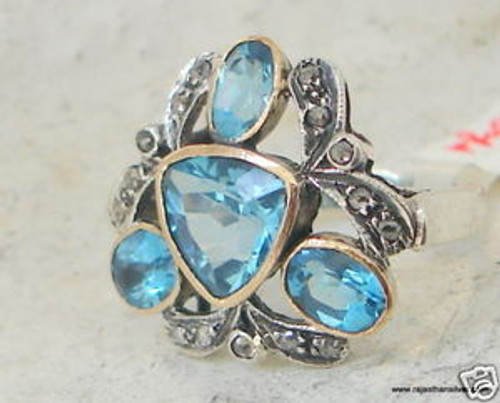 VICTORIAN DIAMOND & BLUE TOPAZ 14 CT GOLD SILVER RING 146