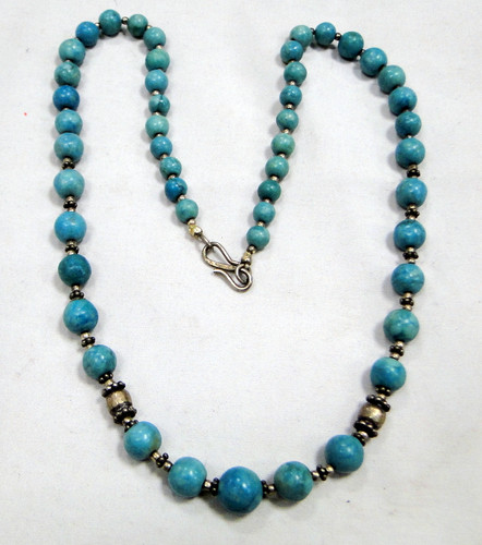 Vintage Turquoise & Sterling silver beads necklace strand jewelry