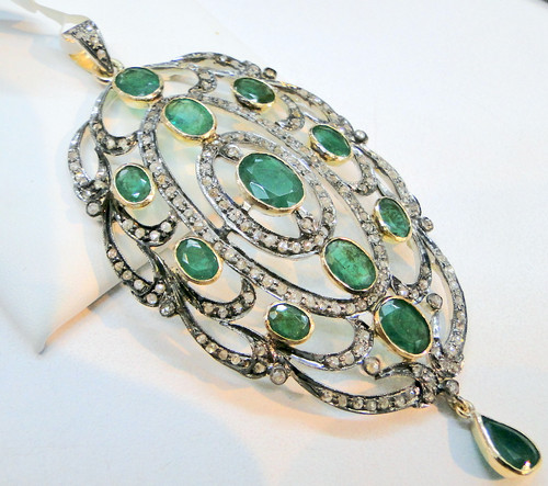 VICTORIAN DIAMOND EMERALD GOLD silver pendant