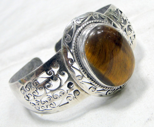 sterling silver Tiger Eye gemstone cuff bangle bracelet 925 jewelry 11703
