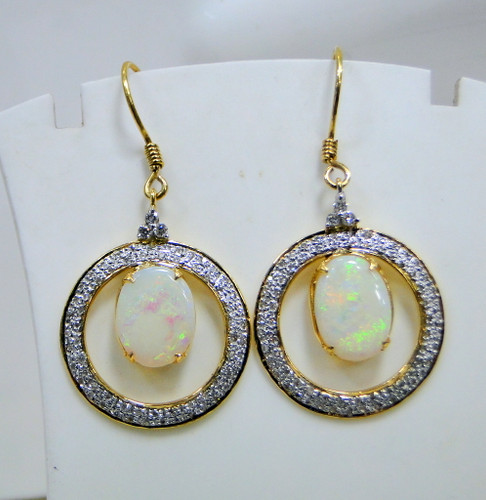 Gold Natural Opal Gemstone Diamond set Earrings dangles 14K Handmade fine jewelry 493-40