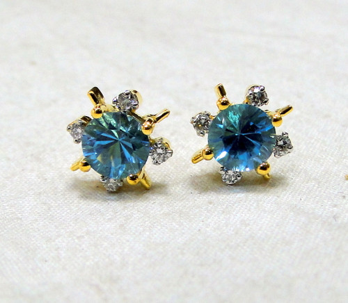 Gold Blue Topaz Gemstone Diamond set Earrings Studs 14K Handmade fine jewelry 493-44