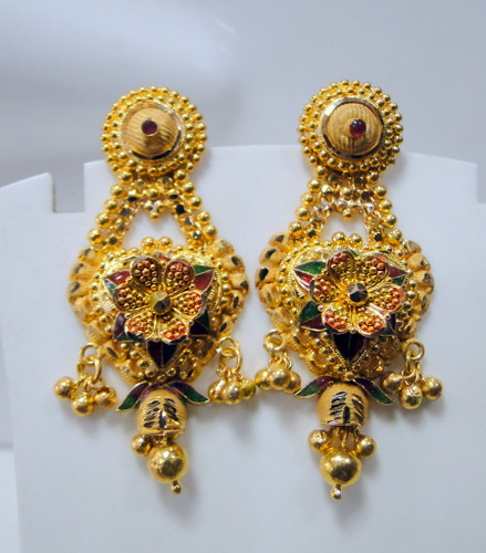 Gold Earrings 22K Fine Handmade dangles traditional wedding jewelry gift 493-71