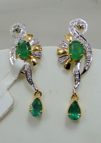 Diamond Emerald Earrings studs 14K Gold Handmade fine jewelry wedding engagement gift jewellery 493-64