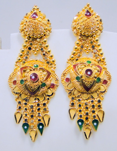 Gold Earrings 22K Fine Handmade dangles traditional wedding jewelry gift 493-91
