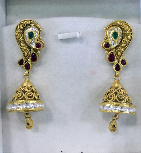 Gold earrings 22K Gold Dangles earrings Diamond polki and Gemstones