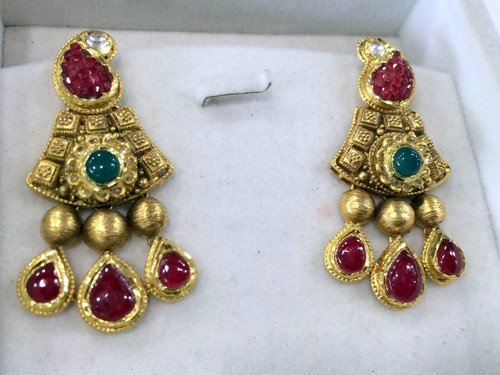 22K Gold Dangles earrings Diamond polki color Gemstones 500-029