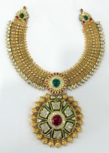 22K Gold Necklace choker set with Diamond polki & Gemstones