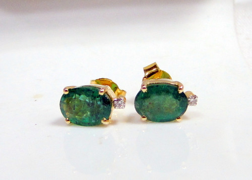 14K Gold Natural Emerald Diamond ear studs earrings