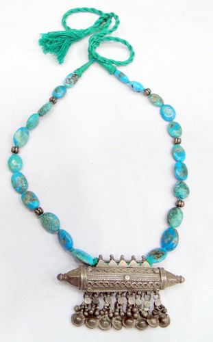 Ethnic Tribal Old Sterling  Silver Turquoise Gemstone Necklace 13193