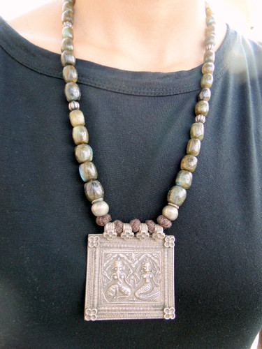 Ethnic Tribal Old Silver Laxmi Ganesha Amulet Pendant Necklace 13261