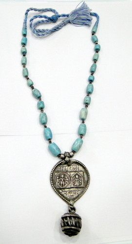 Ethnic Tribal Old Silver Turquoise Beads Kali Amulet Pendant Necklace 13267
