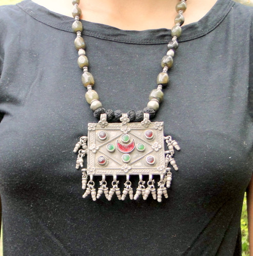 Ethnic tribal Old solid  Silver and Labrorite  Gemstone Beads Necklace