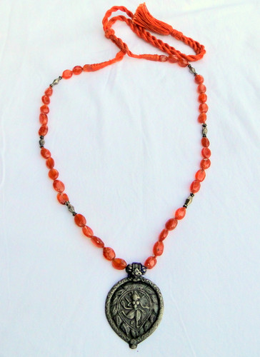 Ethnic Tribal Old  Silver Amulet and Carnelian Gemstone Beads Necklace