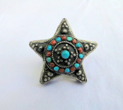 Ethnic Sterling Silver Turquoise Coral set Heavy Big Star Ring