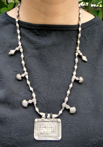 Ethnic Tribal Old Silver Mother Goddess Pendants Beads Necklace 13379