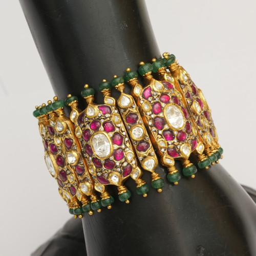 18K Solid Gold Kundan Meena Fine Bracelet Cuff Wedding Jewelry